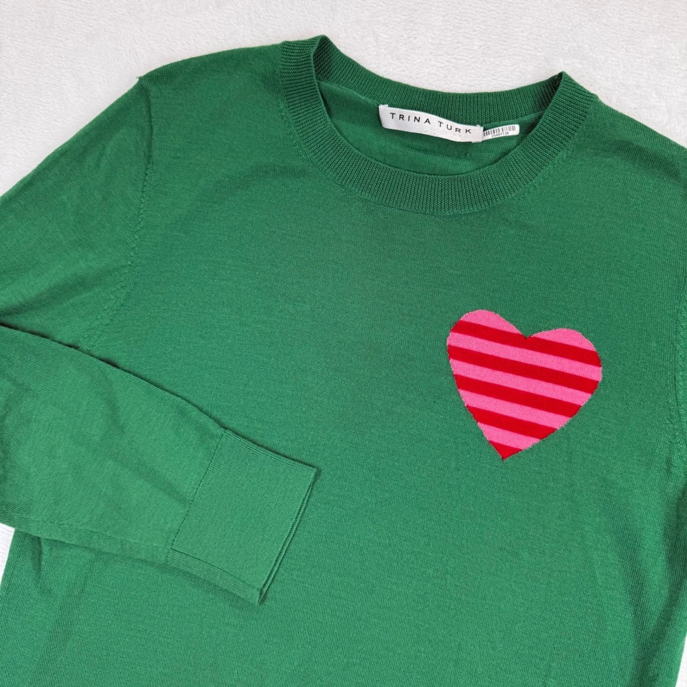 Trina Turk Womens Green 100% Merino Wool Heart Graphic Pullover Sweater Small